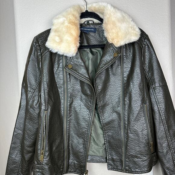 French Connection Faux Leather Fur Collar Moto Jacket Olive Green Large - Picture 11 of 11